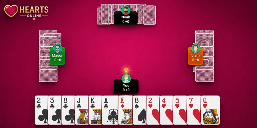 Cards and score table in the Hearts online game