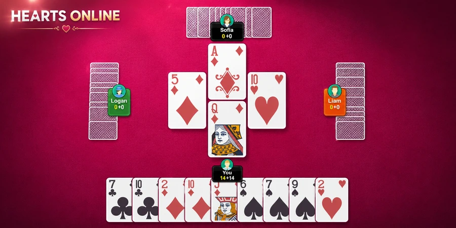 Hearts online card game with four players